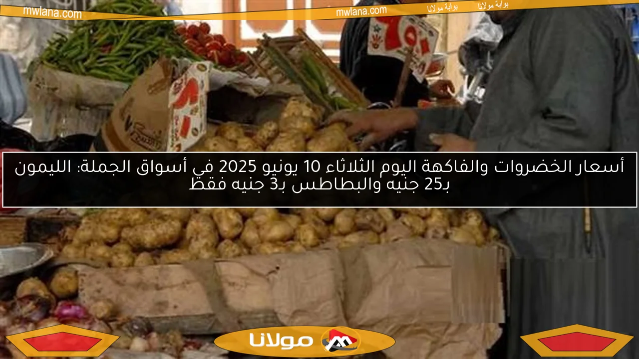 أسعار الخضروات والفاكهة اليوم الثلاثاء 10 يونيو 2025 في أسواق الجملة: الليمون بـ25 جنيه والبطاطس بـ3 جنيه فقط