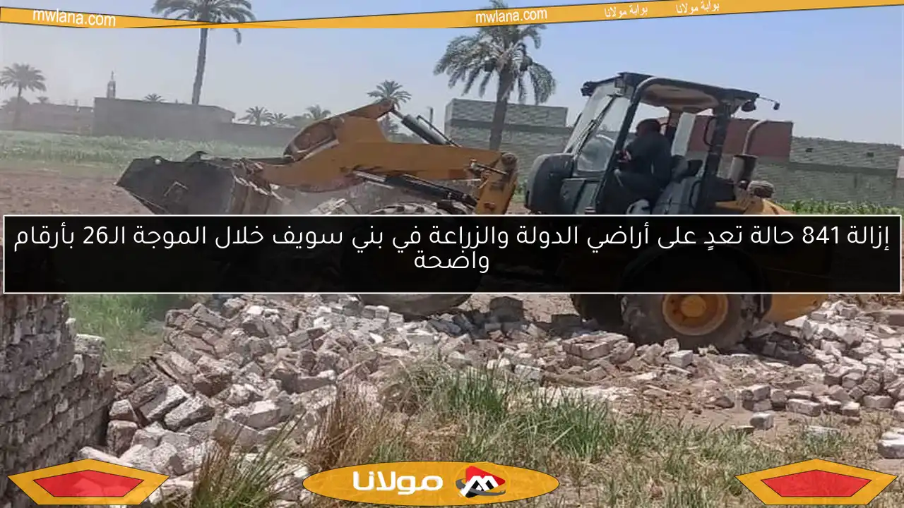 إزالة 841 حالة تعدٍ على أراضي الدولة والزراعة في بني سويف خلال الموجة الـ26 بأرقام واضحة
