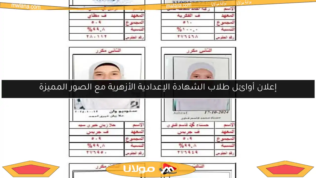 إعلان أوائل طلاب الشهادة الإعدادية الأزهرية مع الصور المميزة