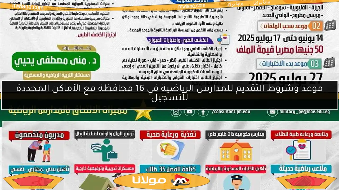 موعد وشروط التقديم للمدارس الرياضية في 16 محافظة مع الأماكن المحددة للتسجيل